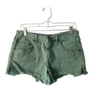 Free People Denim Shorts Frayed Hem Green Raw Edge Casual Size 28